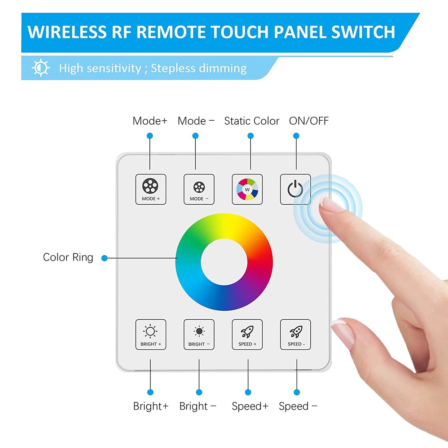 Controlador de luz LED RF RGB con panel táctil inalámbrico y control remoto, interruptor atenuador de 5 V, 12 V y 24 V